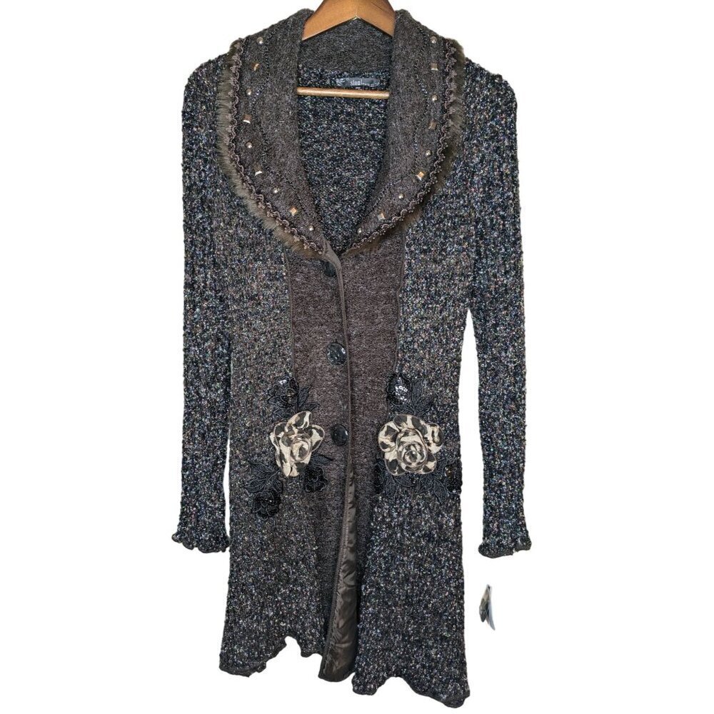 Sioni Boucle Shawl Collar Long Line Cardigan Size M Petite Brown Embroidered